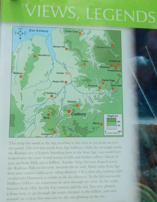Part of another information panel, relating to the view from Cadbury, shows a map of other hillforts in the area.  (Note: South is at the top here, to match the view from this panel in situ.)