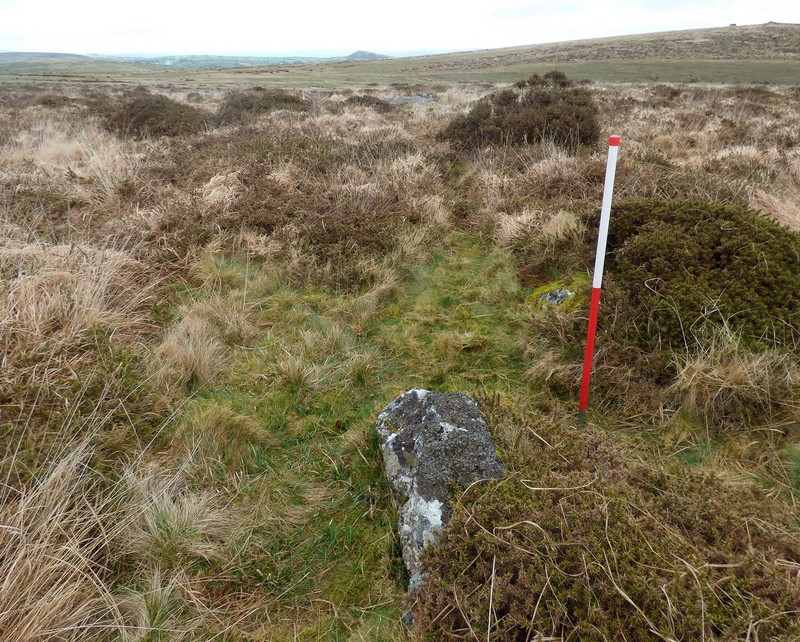 The central stone includes a 0.24m high set stump (behind ranging rod) and a recumbent fragment. View from west (Scale 1m). The row appears to be aligned on the distinctive Brent Hill. 