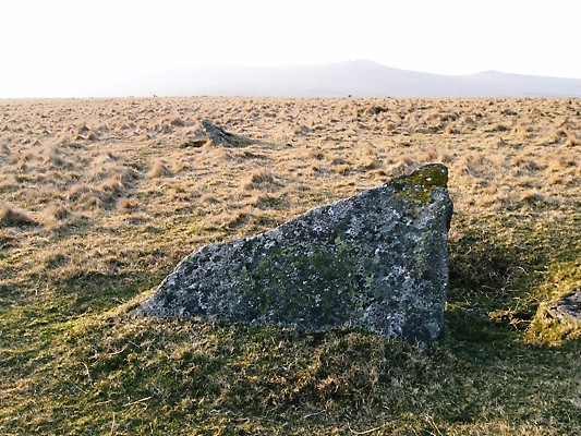 Slab 2 in the foreground, with Slab 1 a few yards away towards the N - NW.
Jack Walker thinks that Slab 2 might have been an original Winter Solstice sunset marker at Merrivale.
[See site page for details.]