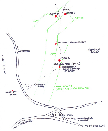 A plan of Corndon Down to help readers to understand the positions of the Cairns and other items referred to in text on site page.
(These A, B, C, cairn names are my own aid to interpretation, not Butlers.)
Parking is easiest (with care) near the Money Pit Cairn side of the road.