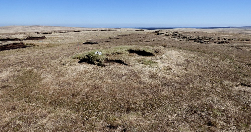 View from above and east of the barrow at Cut Hill (Scale 1m). The ditch around the barrow is clearly visible from this angle.