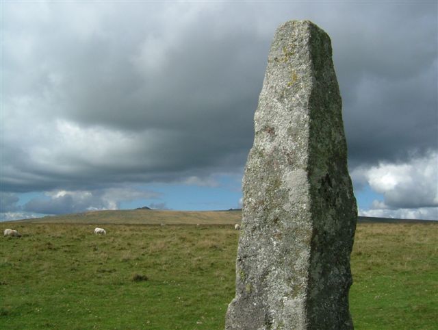 Merrivale Menhir with storm clouds approaching.