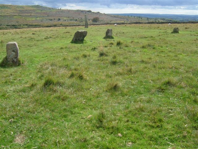 Part of the circle and standing stone viewed from within the circle.