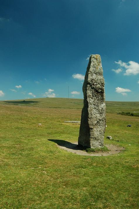 Merrivale standing stone, with the modern TV mast in the background, facing east