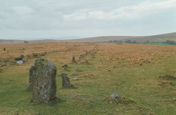 Grid Ref SX 555 747

There are two, main, rows at Merrivale - North and South. 

The north row consists of two lines of stones, aligned east -west and nearly 200m long.

However, the two lines of stones are only about 1m apart so you can only just walk between them. It has larger stones at the west end and a blocking stone at the east.
    
The southern row doesn't start or finish on the s