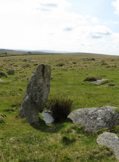 Looking towards the standing stone (Menhir 1) from Menhir III, alignment 250 degs according to my compass-reading.