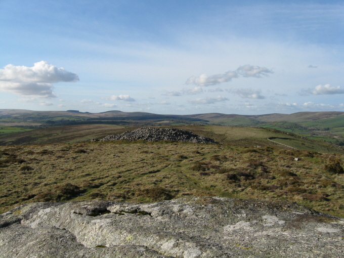 View north to Cairn A from the rocky outcrop at the highest point of Corndon Down, which Butler calls 