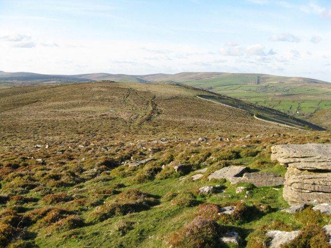 The view across the dip from the south to the north summit of Corndon Down.  The flat slab I referred to is extreme right here.  The two cairns can just be seen rising above the distant summit, Cairn B being the most prominent.