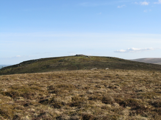 Looking back to the southern summit of Corndon Down and Cairn A, from the south side of Cairn B, with the stones of what may be the isolated hut in middle distance.
(See separate pics of this one.)