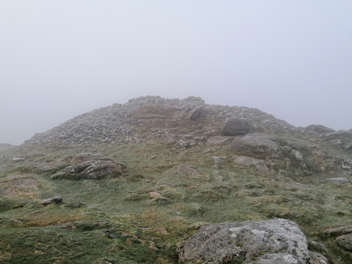 Rippon Tor cairn C1 on the top of the tor, in the freezing fog of a December day