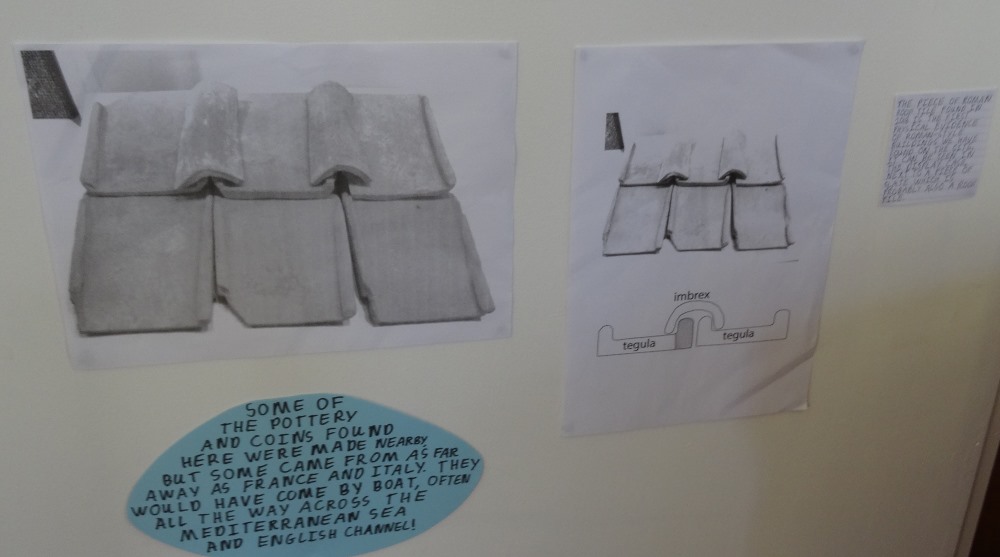 The diagram of the typical Roman roof tiles, with the piece found in 2018 shaded in (lower part of right-side diagram).  The label reads:
