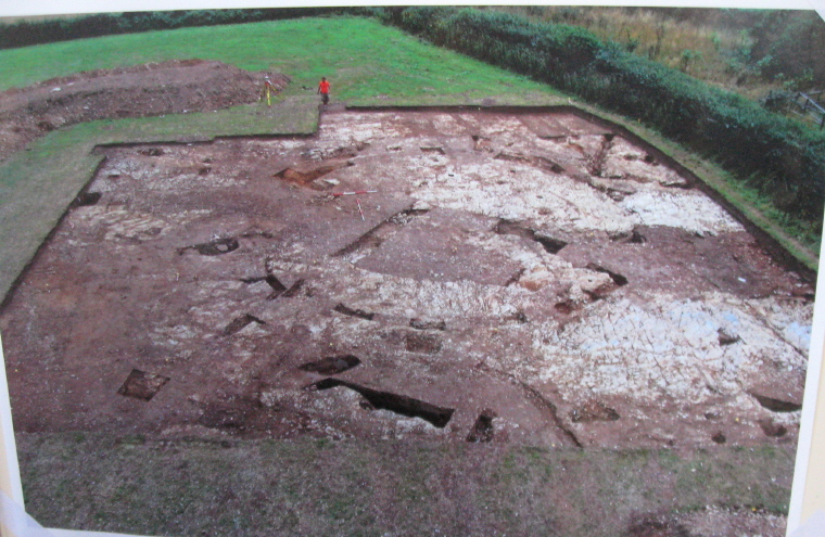 This was an aerial view of the dig site from the north - taken, presumably, before they dug the eastern ditch.  It was on display in the exhibition and I got a shot of it for our site page.  I am sure they'd not begrudge us a view of this for our info.  (The hedge runs along the western side of the field.)
It shows how the large ring ditch appears like a cake with a big slice taken out of its wes