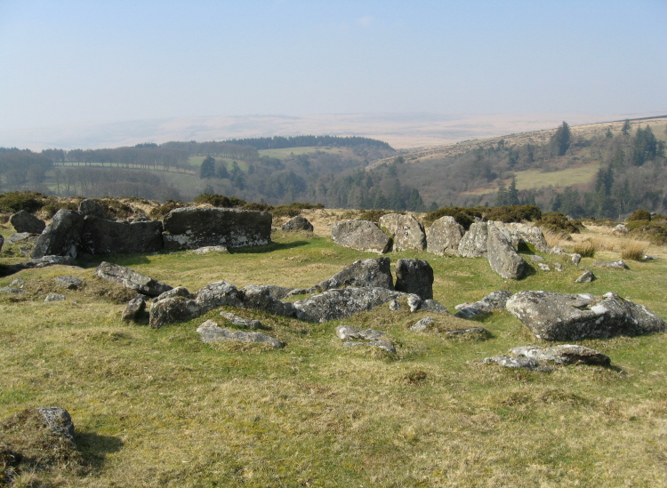 Yet another hut circle, with pretty substantial walls.  View towards Batworthy (left) and Scorhill Tor lower slope of hill on right.