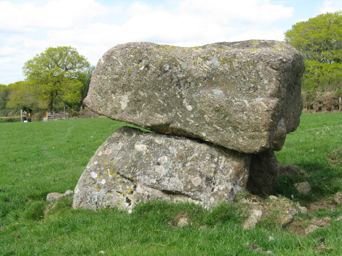 The side view here makes the cist look very sturdy indeed; also the crystals in the rock show up quite well.  The stone is the same as that used to build Spinsters Rock, which is not that far away from here.
I noticed one of those crystals shining like a mirror on the capstone. 