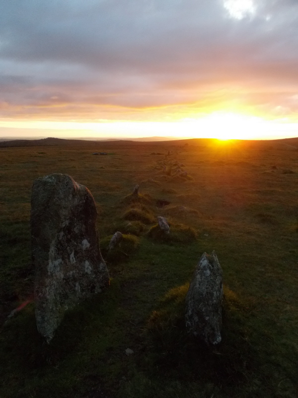 Another of the more prominent stones closer to the east end of the rows, looking back to the setting sun at Autumn Equinox, 22nd Sept 2016, at 7.12pm.