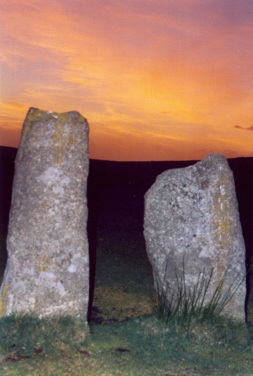 The two stones at the westernmost end of the southern row at Merrivale, against the apres-sunset red sky of Autumn Equinox 2004
