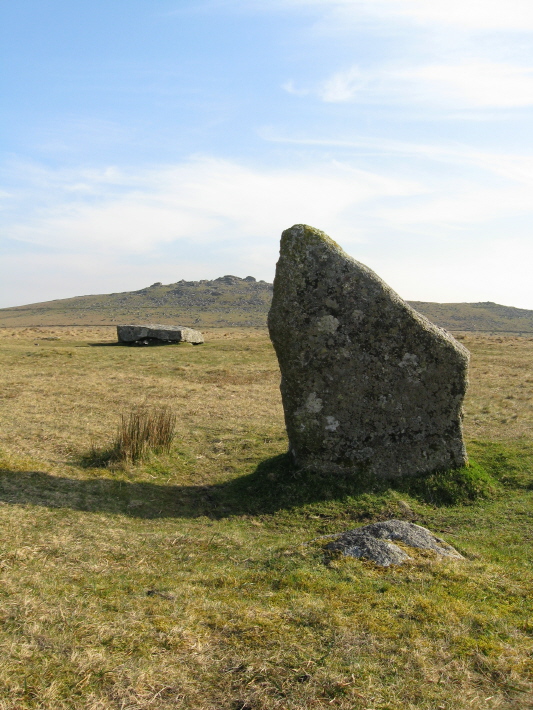 One of the more prominent larger stones in the southern [or central] stone avenue with the large cist capstone in the background, looking south to King's Tor.
Around 5pm on 26.03.2012