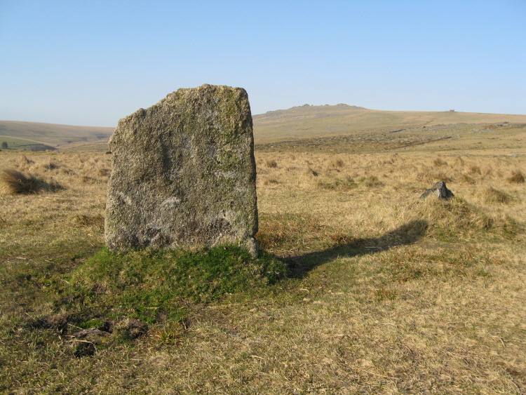 Another of the more prominent stones in the southern [or central] stone avenues, with Great Mis Tor in the background.  
Around 5pm on 26.03.2012.