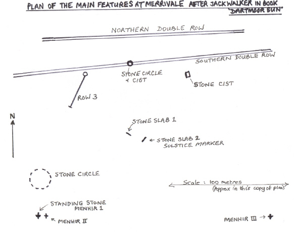 Merrivale plan, after Jack Walker (author of 'Dartmoor Sun'), showing the position of these two Slabs in the centre of the complex.
(Copy for interpretation purposes.)