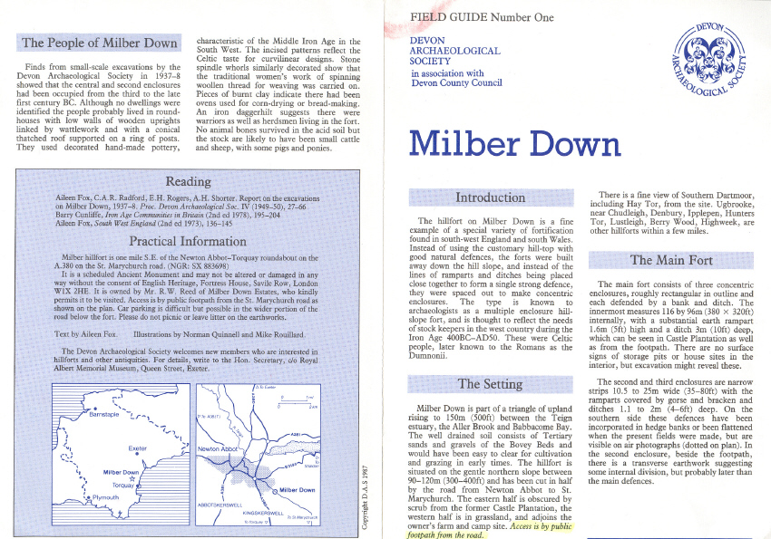 The front and back pages of the Devon Archaeological Society leaflet on Milber Down.  I don't think they would begrudge us a view of this leaflet for our information.  It's not the easiest place to get to because of a busy back-road that runs through it.  (I am ashamed to say that I've visited sites far and wide in the UK but not tried to visit Milber yet after about 38 yrs in this area!!)