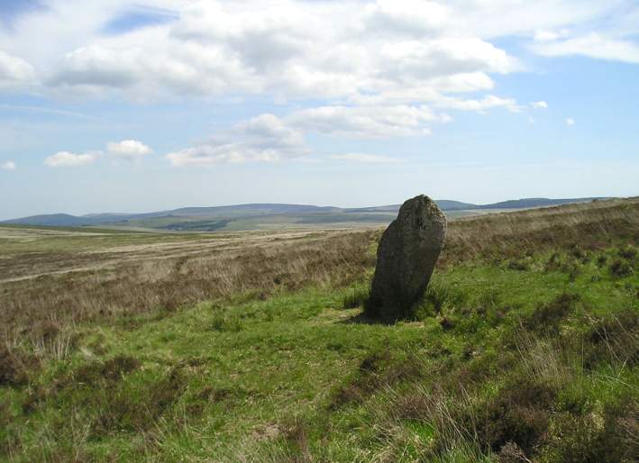 White Moor Stone, Dartmoor, Devon SX634895

150 metres southeast of White Moor Stone Circle is the Whit Moor Stone, which is more than 5 feet in height, and has been adapted as a parish boundary stone, with its parish marks cut into it. This stone is almost certainly much older than just a boundary stone, and is likely to be associated in some way with the circle. 