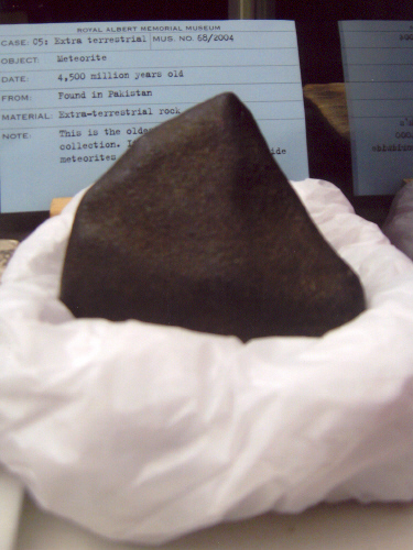 Extra-terrestrial rock: Meteorite found in Pakistan.  Date: 4,500 million years old.
