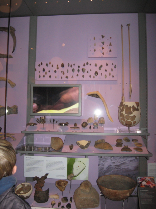 A constantly-running video showing flint-knapping was played in this cabinet, with flint tools, etc., on display.
Another visitor remarked on how good it all is, and we agreed on how much we'd missed the museum while it had been closed.
[When I find my Lotto numbers haven't come up yet again, this is a consolation .. knowing the museum benefitted from Lottery funding.]