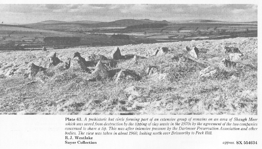 A prehistoric hut circle, forming part of an extensive group of remains on an area of Shaugh Moor, which was saved from destruction during the tipping of clay waste.  Photographed in about 1960, looking north over Brisworthy to Peek Hill.
(c) R. J. Westlake, Sayer Collection.
From: 'A Dartmoor Century 1883-1983. One hundred years of the Dartmoor Preservation Association.'