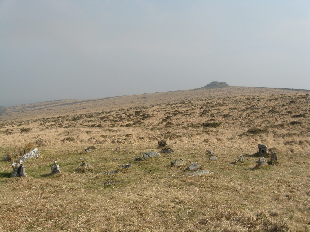 Looking across the four-fold circle at Shovel Down towards Kes Tor on Spring Equinox 2012.