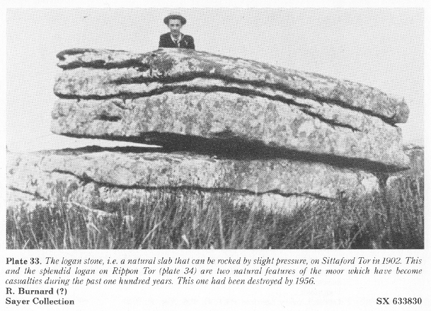 A photo from 1902 of the logan stone on Sittaford Tor that was sadly destroyed by 1956.  (See also, the Nutcracker at Rippon Tor, referred to in the above text.)
(c) Thought to belong to R. Burnard, and part of the Sayer Collection.  From: 'A Dartmoor Century.  1883-1983.  A hundred years of the Dartmoor Preservation Association.'