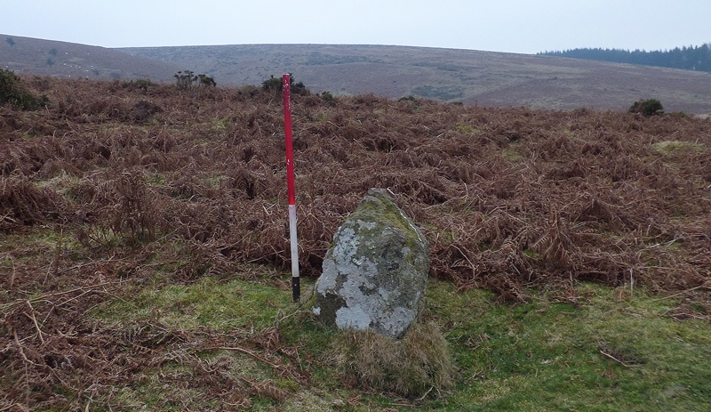 Stone 2. Standing stone measuring 0.40m long by 0.25 wide and 57m high. View from south (Scale 1m).