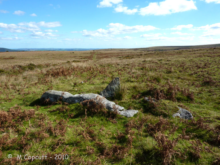 The western, uphill end has two fallen longstones which would have been positions across the ends of each of the southern and central rows, a socket hole being present at the northern row. The central stone is more than three metres in length. There is no apparent obvious cairn here.

About a metre downrow from these, the rows proper start, with a cross set blocking stone at the head of all thre