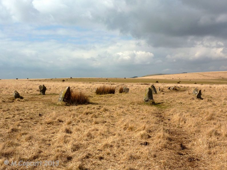 Ringmoor Down stone circle seen looking in a northwesterly direction.