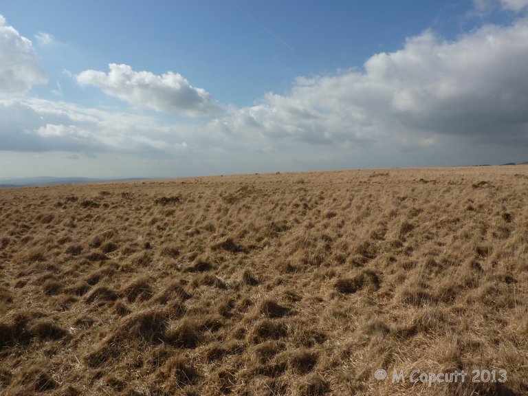 marked on the OS map as enclosure, is likely the remains of a fairly large ring cairn of 35 metres diameter. 

It is not easy to find, although given the right conditions, the central area can be seen to be flattened off from the basic moor. 

