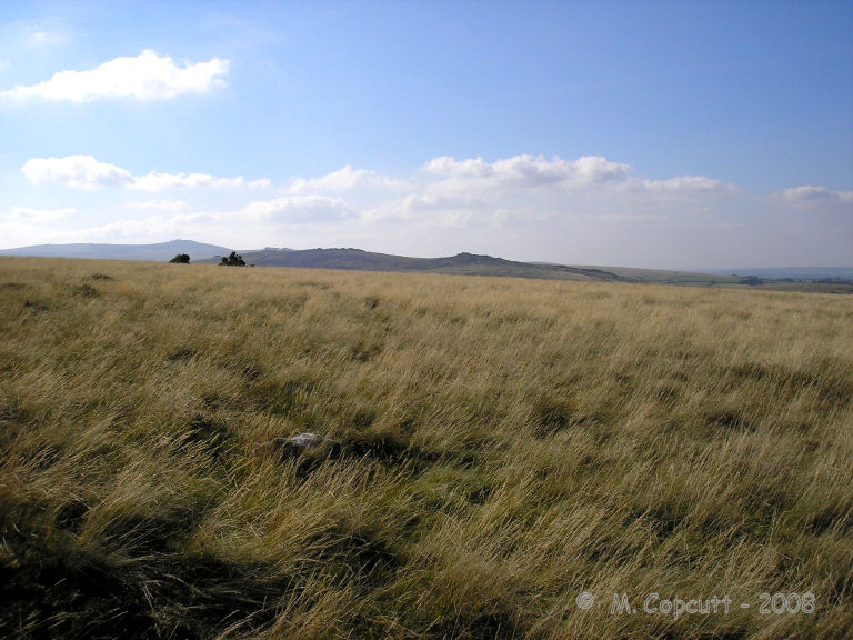 View looking west over the possible site of Sticklepath stone circle, clearly showing the flat shelf of land on the slopes of Cosdon Hill. 
In the middle distance Belstone Tor, with Yes Tor beyond that. 
A couple of stones can be seen if you look carefully.