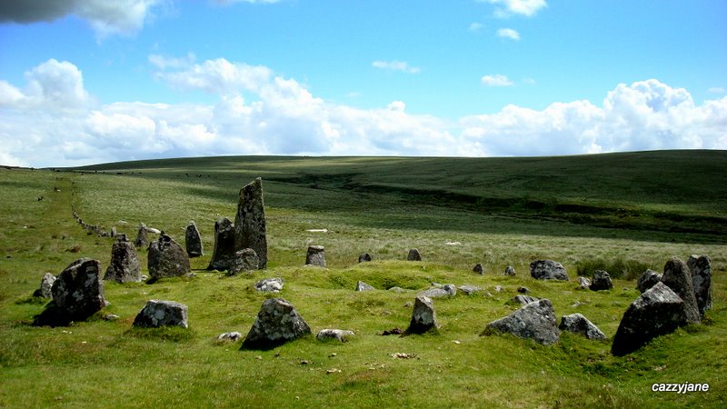 Down Tor Circle with its stone row leading on up the hill.