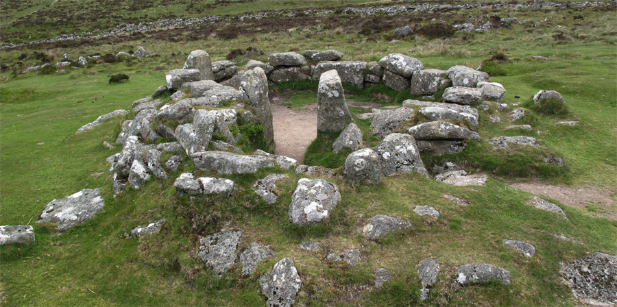 A Grimspound Ancient Settlement Roundhouse (with Jamb Stones Upright at Entrance), Dartmoor National Park, Devon, England.