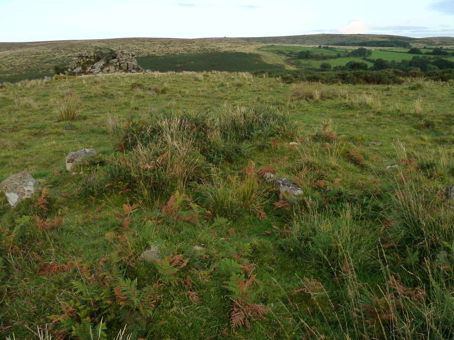 Burford Down (Tristis Rock) cairn circle and cist, Tritis Rock is in the background on the left.