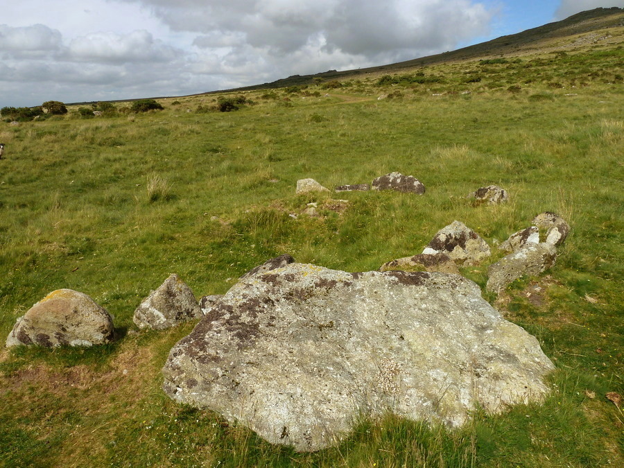 Cullever Steps Cairn Circle and Cist (SX 60789195). In the foreground is the large displaced cist cover.