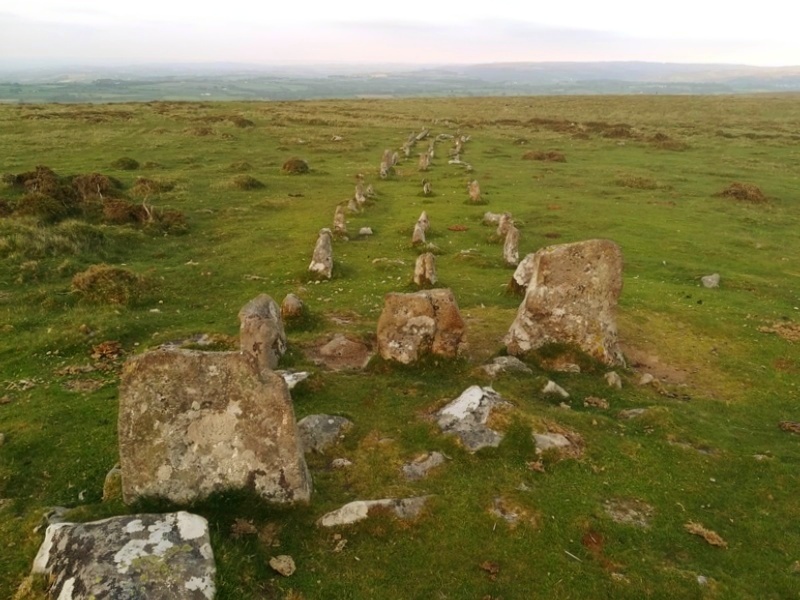 The end of the day at Cosdon Hill Multiple Stone Rows looking East

