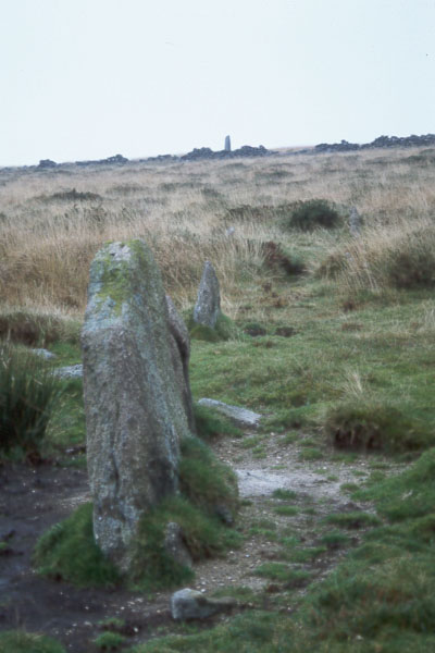 Laughter Tor. 

There are two double stone rows here @ SX 6521 7539. One row starts at the 
Longstone which is  2.4m high, and the row is 164 m long. Only the top & 
bottom section of the row can be seen.  From the longstone there are 8 small 
stones then a 120m gap with 14 stones at the lower end. I show two pics one 
from the longstone looking downhill & SE & one uphill towards the longsto