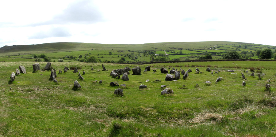 Yellowmead Stone Circle consisting of four rings of stones set within one another. Dartmoor National Park, Devon, England.