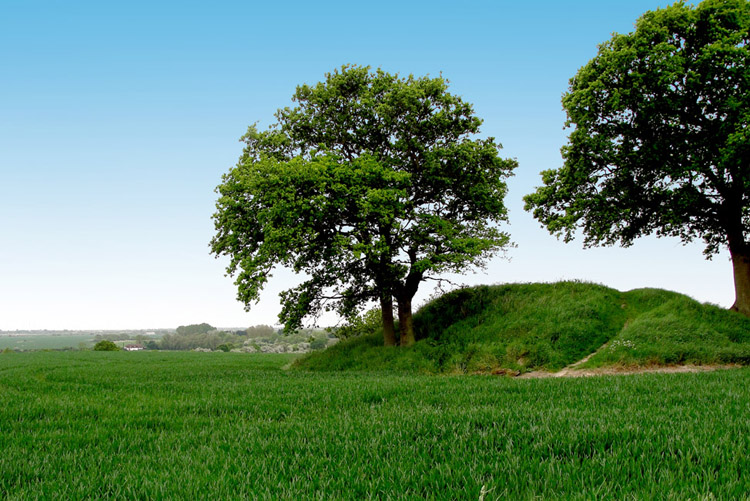 Appledore round barrow from the north, looking out over Romney Marsh towards Rye.