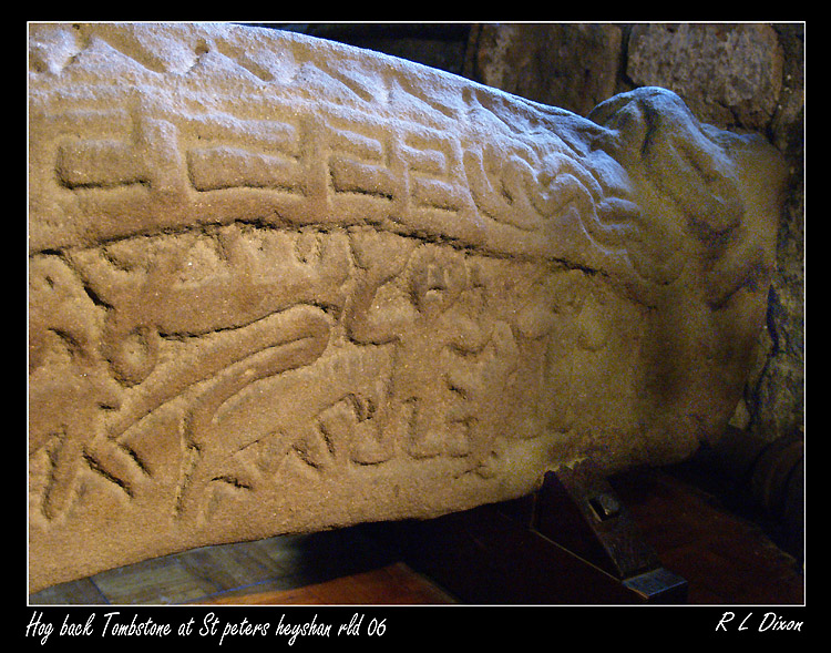 The Hog Back tombstone inside St Peters.
taken 31/10/2006.

They wouldn't let me inside the church when i was there 24/4/2011, so i unearthed these I took in 2006.