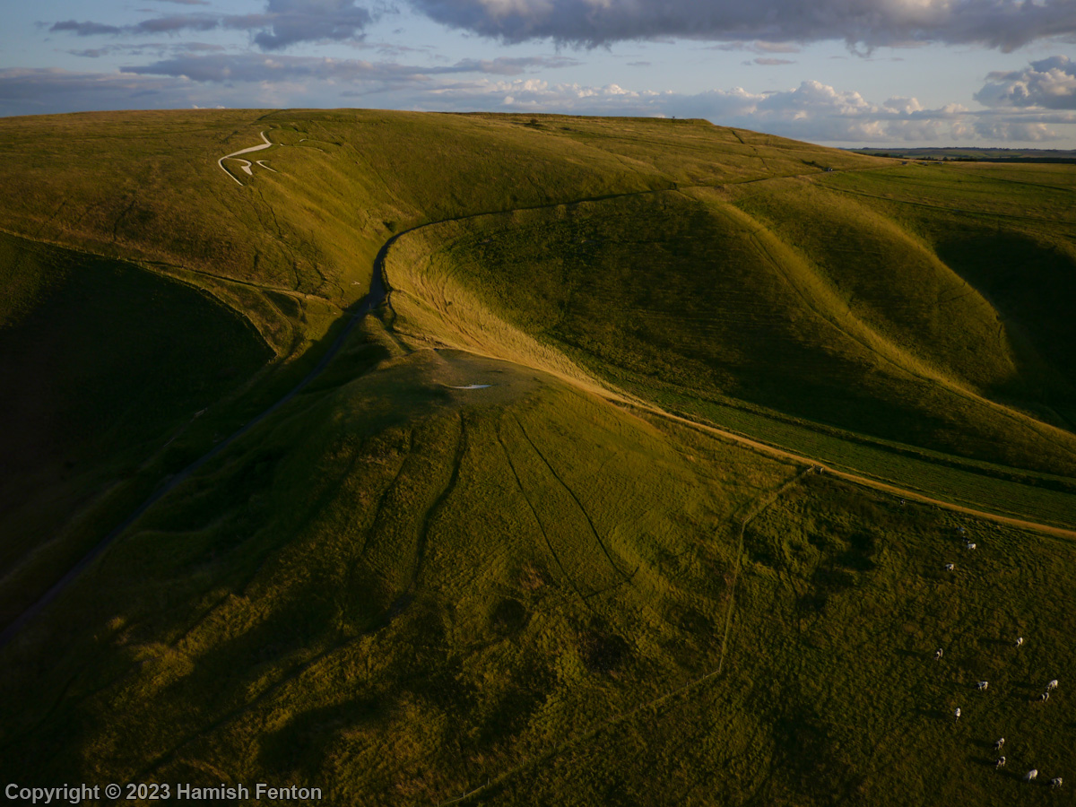 Dragon Hill viewed from the north  with Uffington White Horse beyond and Uffington Castle on the horizon.

Kite Aerial Photograph

6 August 2023