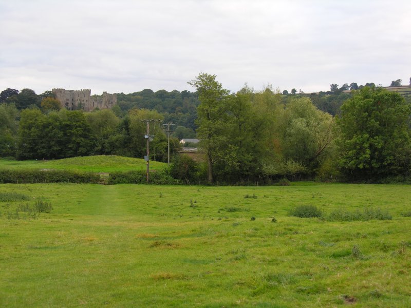 The Boiling Well sits near the far boundary, a little to the right of the footpath from Coronation Ave. Ludlow Castle in distance.