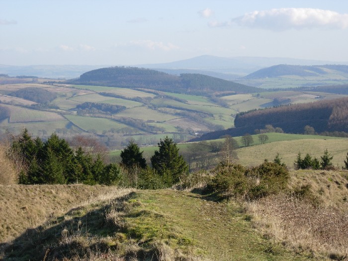 From the innermost rampart on the NE corner, looking south east east towards Clee Burf and Abdon Burf in the distance. Next rampart visible below left.