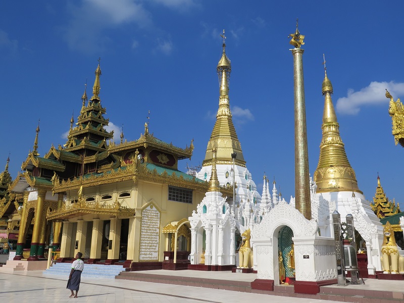The Shwedagon pagoda is surrounded by many stupas.  October 2018