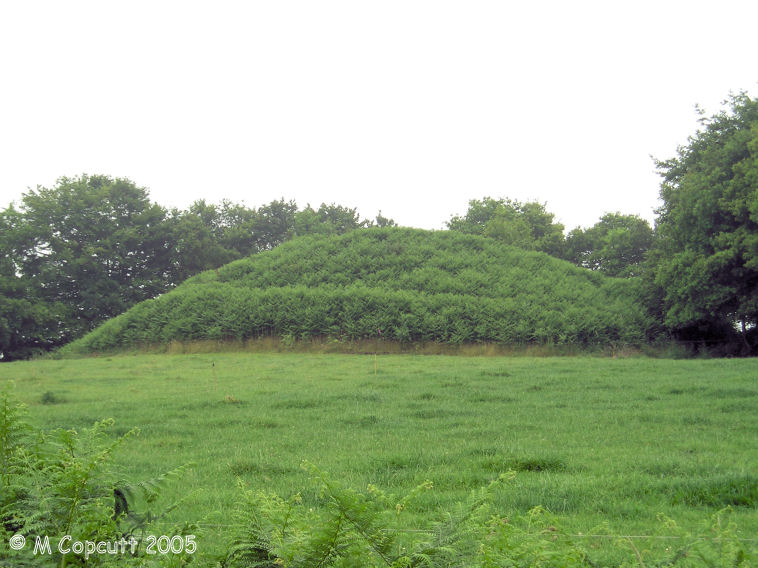 This is a large bronze age tumulus, diameter 40 metres and height 6 metres, which once contained a tomb made of wood and stone within which were found many bronze weapons, gold studs and jewellery when excavated in 1865.