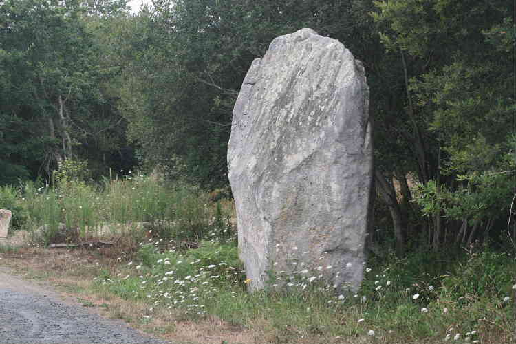 Guiric menhir, West side of Pont L'Abbe at end of road in small housing estate. This view - taken in the pouring rain - is from the south west side of th stone.